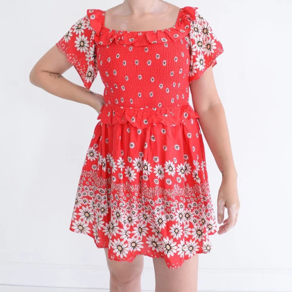 Loveriche Red Floral Smocked  Bodice Fit Flare Summer Sun Mini Dress M - Picture 1 of 13